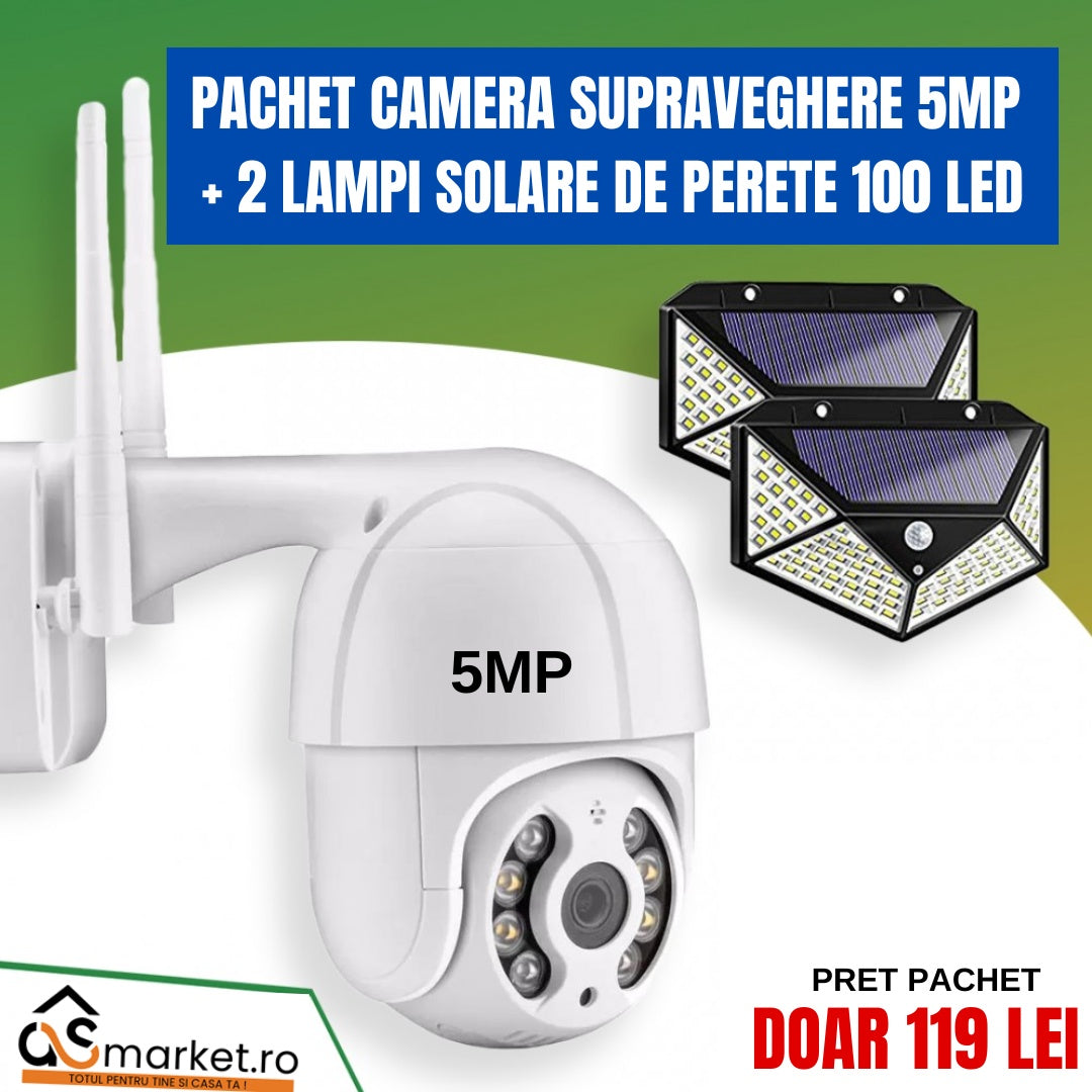 CAMERA SUPRAVEGHERE WIFI 5MP + 2 LAMPI SOLARE DE PERETE 100 LED